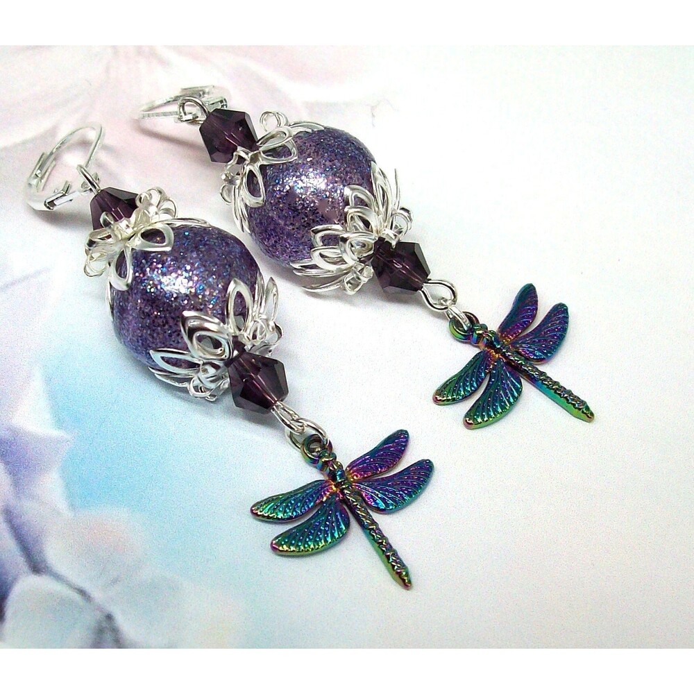 Purple Lampwork & Dragonfly Earrings, Unique Artisan Crafted lampwork Jewelry